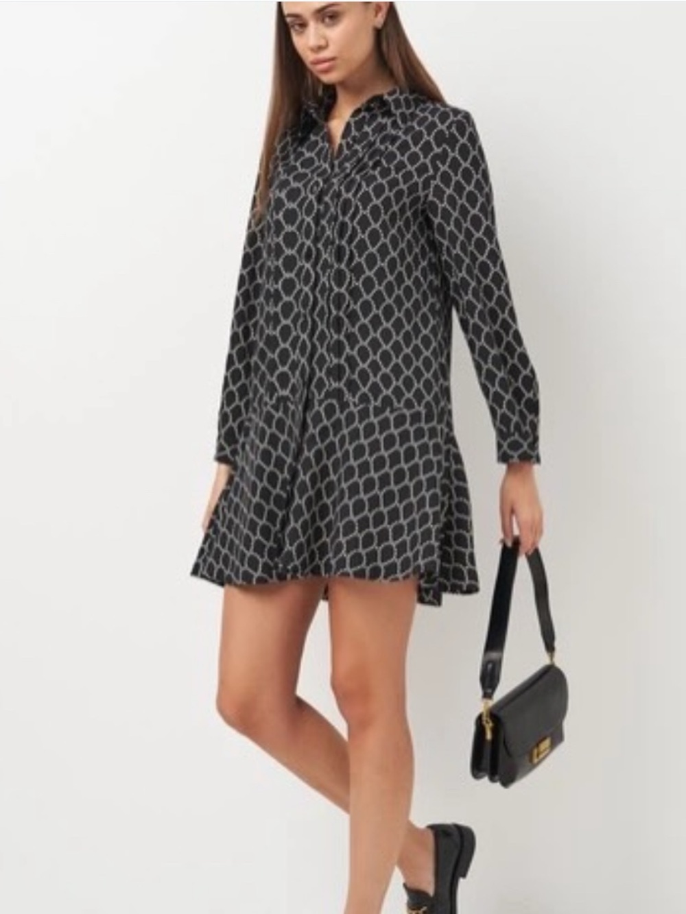 ZARA | XS | Black Mini Dress with White Chain-Link Print | EUC
